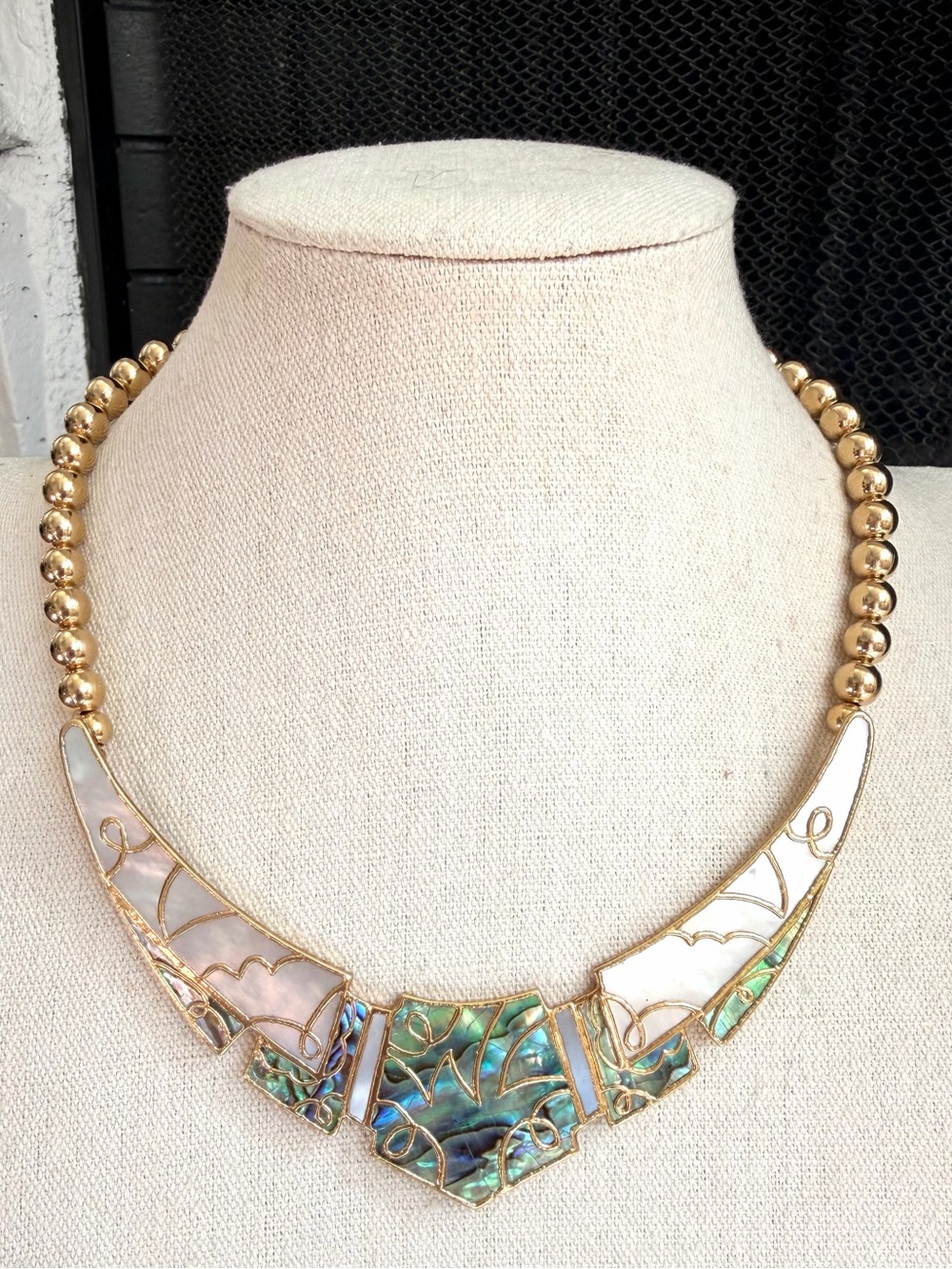 Karla Jordan Signed Abalone Mother of Pearl Gold Tone Collar Necklace
